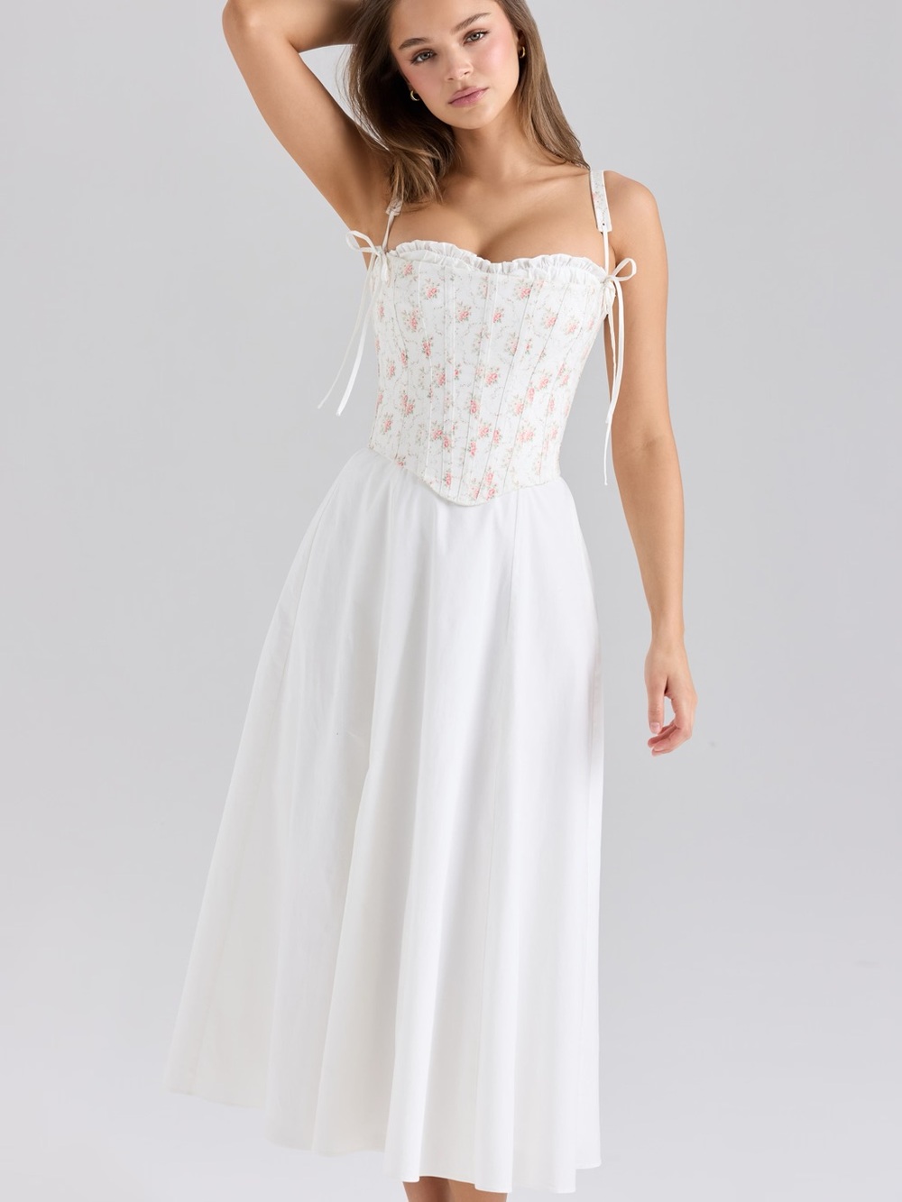 Clarabelle - Rose Print Cotton Detachable Corset Midi Sundress